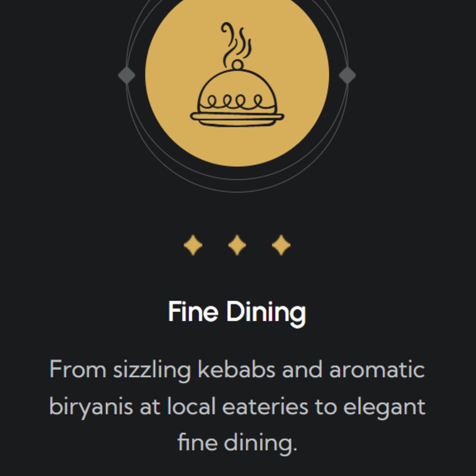 A golden icon of a covered serving dish with steam, labeled "Fine Dining" below.