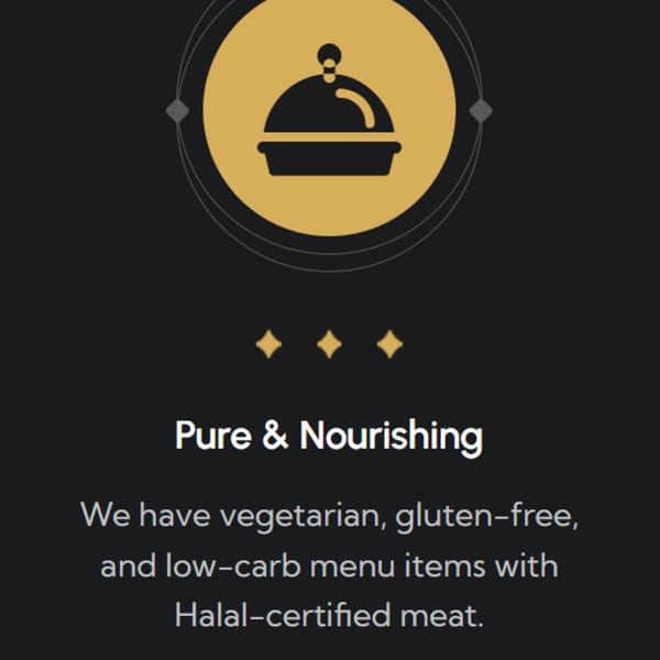 A gold circle with a black cloche icon, above text about vegetarian, gluten-free, and Halal options.