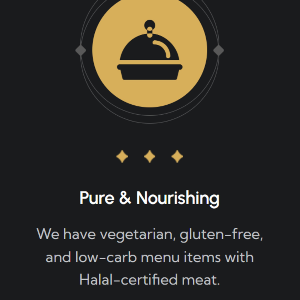 A gold circle with a black cloche icon, above text about vegetarian, gluten-free, and Halal options.