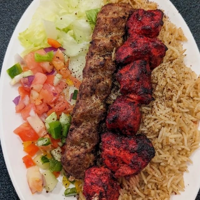 Chicken boneless & beef kabob platter.